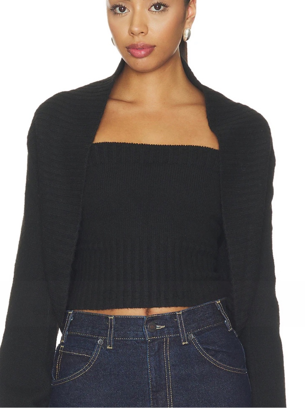 Black Ribbed Square-Neck Crop Sweater with top